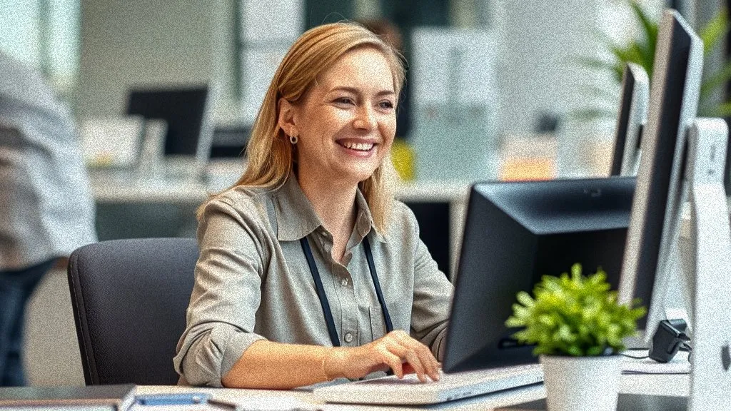 A smiling loan processor at her desk