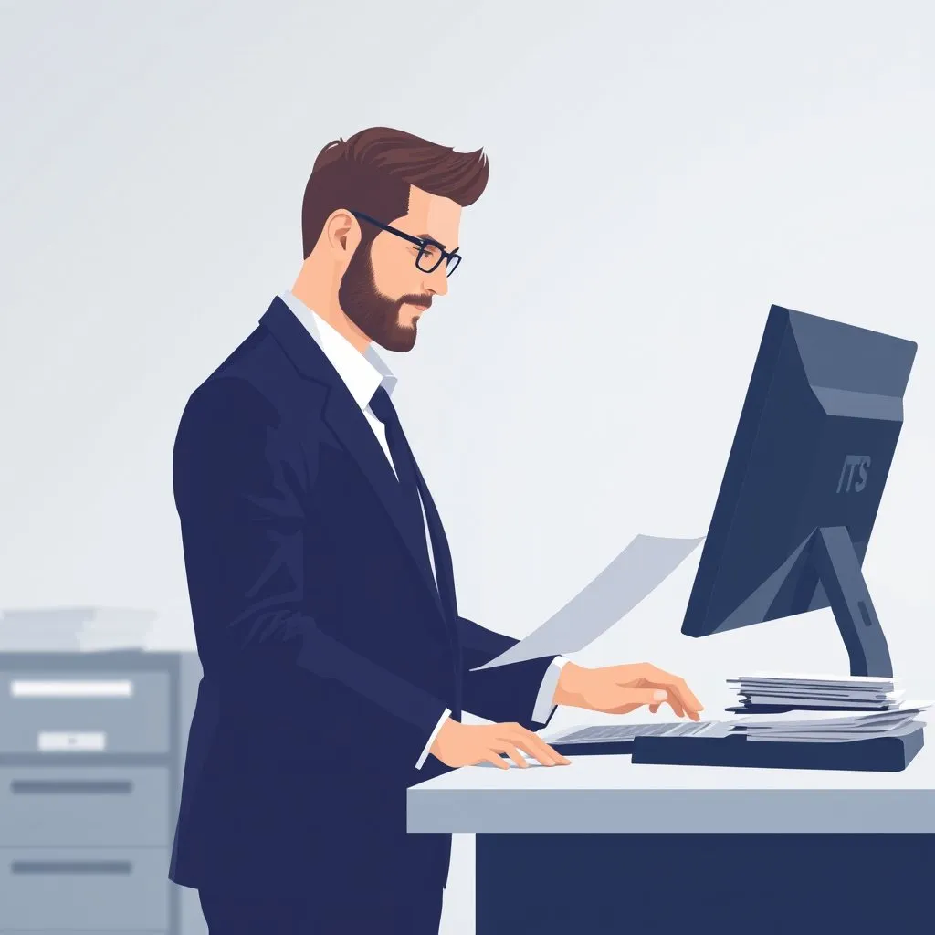 Illustration of a loan processor working at a standing desk